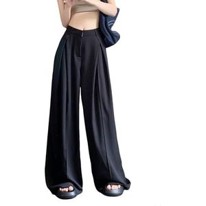 Dames Hoog Elastische Getailleerde Broek Kreukels Wijde Pijpen Losse Pasvorm Zakelijke Casual Broek met Zakken,zwart,L