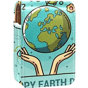Draagbare Lipstick Case voor op reis, Mini Lipstick Opbergdoos met spiegel voor vrouwen dames, Lederen cosmetische Pouch Happy Earth Day, Meerkleurig, 9.5x2x7 cm/3.7x0.8x2.7 in