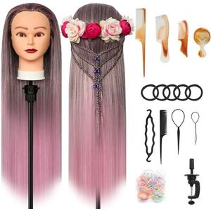 Trainingshoofd, 28 inch kaphoofd voor kapsels, 100% synthetische vezelhaar, oefenhoofd, met doe-het-zelf breikit en gratis tafelclips (JBF)