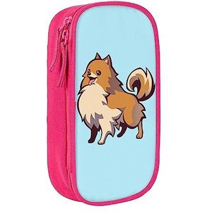 Cartoon Pommeren Hond Etui, Medium Size Pen/Potlood Houder Pouch Tas met Dubbele Ritsen voor Werk, Schattig, roze, Eén maat, Koffer
