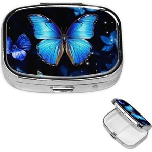 Pillendoos, pillendoos, blauwe vlinder, 2 vakken, kleine pillendoos voor portemonnee of tas, reis-pillendoos, draagbare pillendoos, vitamine-organizer