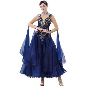 FZHQNZJF Balzaal Prestatie Dansjurken voor Vrouwen Foxtrot Flamenco Danskleding Professioneel Wals Concurrentie Rok Lange Mouw Sociaal Feest Dansen Kostuums,Blauw,3XL