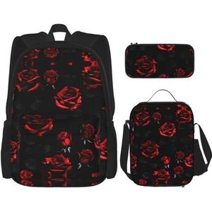 KoNsev Rode Lieveheersbeestje Patroon Rugzakken Met Lunchbox Potlood Case Voor College Laptop Rugzak 15 Inch Dagrugzak, Rode en zwarte rozen, Eén maat