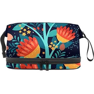 Grote capaciteit reizen cosmetische tas,Platte kleurrijke bloemen tak,Make-up tas,Waterdichte make-up tas organisator, Meerkleurig, 27x15x14 cm/10.6x5.9x5.5 in