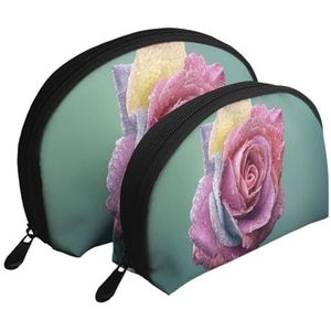 Make-uptas, cosmetische reistas 2 stuks draagbare clutch zakje set zakje organizer kleurrijke roos romantische bloemblaadjes plant, zoals afgebeeld, Eén maat
