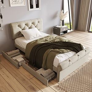 VSOGA Bedframe met 2 laden, eenpersoonsbed, gestoffeerd bed, 90 x 200 cm, in hoogte verstelbaar hoofdeinde, functioneel Chesterfield bed, natuurlijk, zonder matras