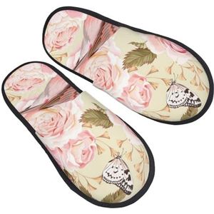 BONDIJ Engelse rozen vogels print pantoffels zachte pluche huispantoffels warme instappers gezellige indoor outdoor slippers voor vrouwen, Zwart, one size