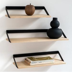 KAZAI. Wandplanken -Finn- | Set van 3 Zwevende Planken Gemaakt van Metaal en Echt Houtfineer | Wanddecoratie, Opslag en Plank voor Woonkamer, Keuken, Slaapkamer | Berk