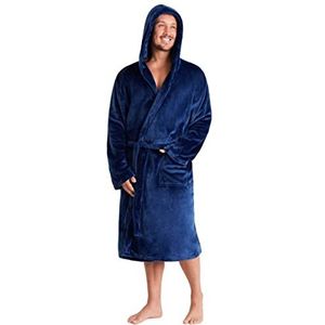 Herenochtendjas, superzachte fleece badjas voor heren met capuchon, badjas, warm en gezellig, marineblauw, M
