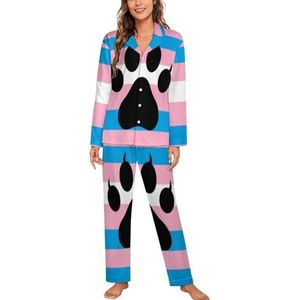 Transgender Furry Pride Vlag Vrouwen Lange Mouw Button Down Nachtkleding Zachte Nachtkleding Lounge Pyjama Set XL