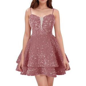 WSEYU Spaghetti Bandjes Homecoming Jurken Korte Sprankelende Pailletten Bruidsmeisje Afstuderen Cocktail Party Prom Gown ZM290, Stoffige Roos, 32