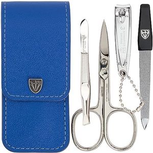 DREI SCHWERTER - 4-delige nagelverzorgingsset 'Capri' | Hoogwaardige nageletui voor manicure en pedicure. Kleur: kunstleer blauw | Inhoud: Nagelschaar, nagelknipper, pincet, saffier nagelvijl