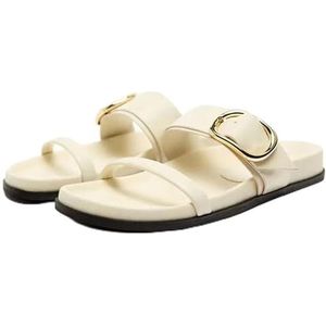 2024 Vrouw Witte Lederen Platte Sandaal Zomer Casual Plus Size Slippers Vrouwelijke Strand Casual Slippers Chique Bandjes Platte Sandalen (Kleur : 1, Size : 40 EU)