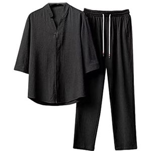Men's 2 Pieces Linen Set Summer Outfits Solid Color Shirts Short Sleeve Casual Beach Yoga Outfits with Pockets (4XL,Black)