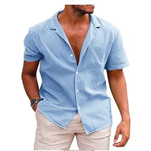 Linnen Herenoverhemd Met Korte Mouwen, Zomer, Casual Revers, Katoen, Hawaiiaans, Effen Kleur, Vakantie, Strand(Blue B,XXL)