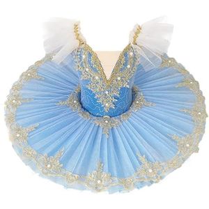 Balletkleding for Kinderen Balletjurk for Meisjes Met Borduurwerk Professioneel Ballet Tutu V-hals Mouwloos Balletpak Pareldansjurk Balletpakje for Training, Toneel (Color : Blue, Size : 140)