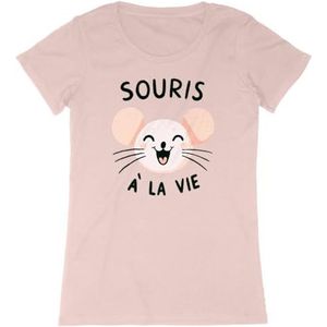 T-shirt met muis van het leven, voor dames, bedrukt in Frankrijk, 100% biologisch katoen, cadeau voor verjaardagsdieren, origineel grappig, Roze gemêleerd, S