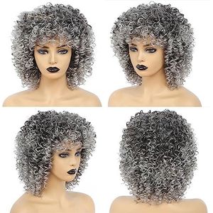 Synthetische pruiken, afro, verwarde krullende vezels, natuurlijk haar, ombre grijs, kleur kruis, hitte, cosplay, pruiken voor vrouwen, R2-0906, 35,5 cm