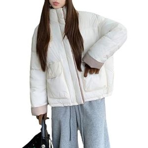 Retro Gewatteerde Jas for Dames, Kleurgeblokte Opstaande Kraag, Korte Donsjas Met Klepzakken(White,XL)