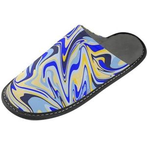 LI ZHI XIN Volwassen pluche pantoffels dames flanel warme huisschoenen met antislip heren indoor pantoffels met PVC-zool maat 4-11 artistieke graffitipatronen goudblauw, Meerkleurig, 4/5 UK