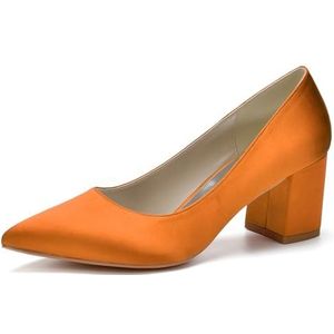 HFWXYSA Dames Chunky Blok Hak Bruids Pompen Puntige Teen Slip op Klassieke Geklede Schoenen voor Bureau Bruiloft Werkavond,Oranje,35 EU