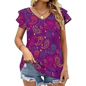 Abstract paisley-patroon dames casual tuniek tops ruches korte mouwen T-shirts V-hals blouse T-shirt