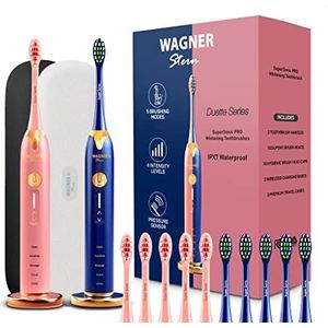Wagner Stern. Duette Series 2 Elektrische tandenborstels met druksensor, 5 poetsmodi en 4 intensiteitsniveaus, 10 Dupont-borstels, 2 premium reisetui (roze/blauw)