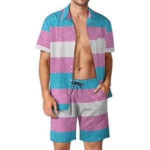 Glitter Transgender Pride Vlag Mannen Hawaiiaanse Bijpassende Set 2 Stuk Outfits Button Down Shirts En Shorts Voor Strand Vakantie