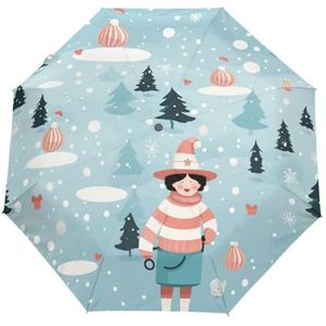 Herhalende Sneeuwbomen Cartoon Automatische Paraplu Winddicht Opvouwbare Paraplu Auto Open Close voor Meisjes Jongens Vrouwen, Patroon, M