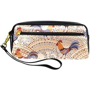 Leuke hanen kippen in beige bloemen ornament potlood etui pennenzak PU lederen briefpapier etui met rits voor jongens meisjes school en kantoorbenodigdheden