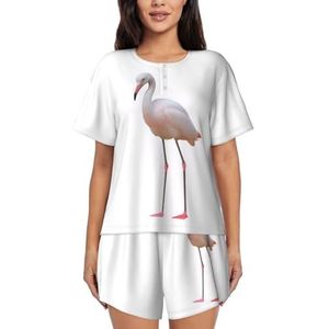 ELSMZXZD Damespyjamaset, flamingo's op wit, korte mouwen, ronde hals, zachte comfortabele pyjamaset, ademende zomernachtkleding, loungewear set met zakken, S-4xl, 3 D, S