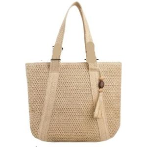 Schoudertas Strandtas Dames Klassieke Stro Strand Schoudertas Stof Lederen Schouderband Handgemaakte Geweven Tas Weven Van Strozakken(Beige)