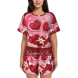 CXPDD Happy Valentine'S Day Print dames korte korte pyjamasets korte sets, pyjama's, lounge shorts set, Zwart, L