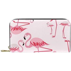 Lederen portemonnee voor heren,grote dames portemonnee voor kaart,Flamingo dier tropisch roze,Muntzakje met rits