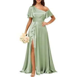 KURFACE Satijnen bruidsmeisjesjurken met mouwen geplooid korset galajurk met split lange formele avondjurk voor dames, Sage Groen, 32