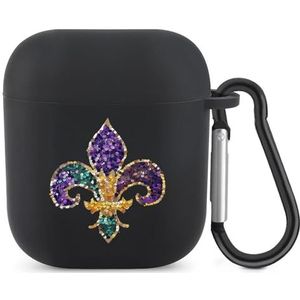 Pailletten Mardi Patroon Gras-Fleur-De-Lis Leuke Case voor AirPods 2&1 Schokbestendige Beschermende Hoofdtelefoon Gevallen Cover Met Sleutelhanger voor Mannen Vrouwen