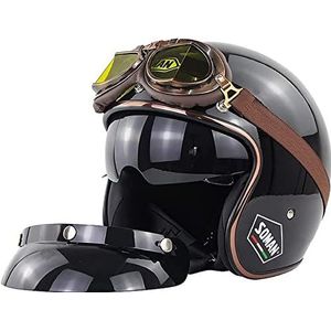 Halfhelm Retro Motorfiets For Heren En Dames, Vintage Pilotenstijl Open Helm For Volwassenen Bike Cruiser Chopper Bromfiets Scooter Motorhelm Met UV-bril DOT/ECE Gecertificeerd (Color : 4, Size : 59
