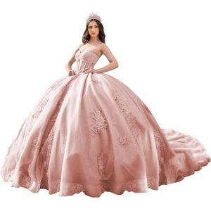 Fuomomo Quinceanera Prinsessenjurk met ruches en staart Quinceanera jurk van tule met parels schattige jurk 16 MT052, Stoffig, roze, 48/Grote Maten