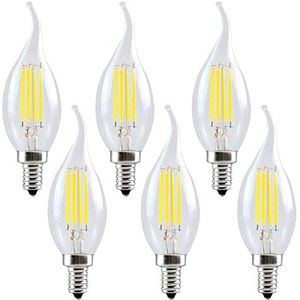E12 LED-lamp ，4W LED-kandelaarlamp ，B11 LED-kroonluchterlamp ，4W-gloeidraad LED-lamp ，E12-voet LED-kaarslamp ，C35 Vlamvormige, gebogen kop van transparant glas ，6-delige verpakking ，Warmwitte gloeil