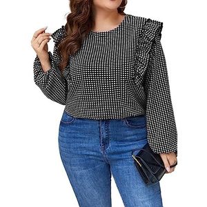 damestop in grote maten Plus geruite blouse met ruches en lantaarnmouwen (Color : Black and White, Size : XXL)