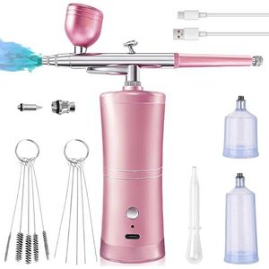 Airbrush-set met compressor, verstoppingsvrije hogedruk-airbrush-set met mondstuk, reinigingsborstelset, multifunctioneel, handheld airbrushpistool voor nageldesign, make-up, tattoo-modellering (roze)
