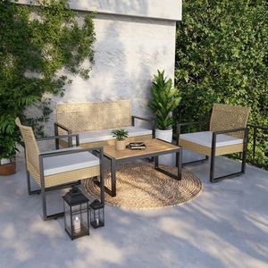casa.pro Tuinset Calciano 4-delig tuinmeubelset tafel met bank en 2 stoelen gestoffeerde kussens loungemeubel rotan look weerbestendig