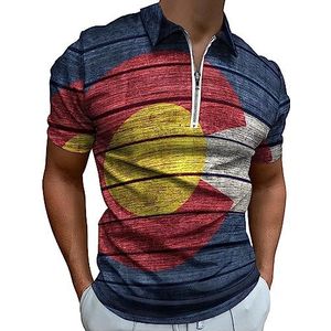 Colorado Vlag Patroon op Houten Polo Shirt voor Mannen Casual Rits Kraag T-shirts Golf Tops Slim Fit