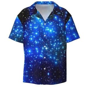 TyEdee Blauwe glanzende sterren print heren korte mouw overhemden met zak casual button down shirts business shirt, Zwart, 3XL