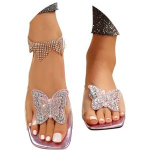 Dames Glitter Sandalen Met Strass Vlinder 2025 Nieuwe Vierkante Teen Slippers PU Lederen Open Teen Slingback Slippers Lichtgewicht Platte Zomerschoenen for Zwembad/Strand, 36-43(Pink,43 EU)