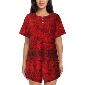 YQxwJL Rode Rose1 Print Vrouwen Pyjama Sets Shorts Korte Mouw Lounge Sets Nachtkleding Casual Pjs Met Zakken, Zwart, L