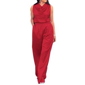 Dames Zomer Casual Satijnen Tweedelige Outfits, Col-hals Mouwloze Tanktop En Hoge Taille Wijde Pijpen Lange Broek Set (Color : Red, Size : XL)