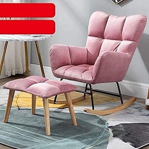 GZDZ Moderne schommelstoel met kruk gestoffeerde fauteuil schommelstoel met massief houten poten slaapkamer woonkamer ontspannen enkele bank (kleur: roze)