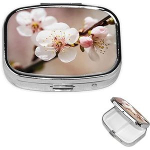 Pillendoosje met spiegel, retro pillendoosje met 2 vakken, kersenbloesem, kleine pillenorganizer voor portemonnee of zak, decoratieve metalen medicijnen, vitamine-organizer, unieke geschenken