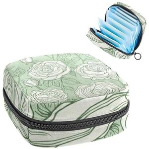 Opbergtas voor maandverband, lijnkunst rozen bloemen saliegroen patroon draagbare menstruatiematas, inlegkruisjes tampons maandverband opberghouder voor vrouwen, school, kantoor
